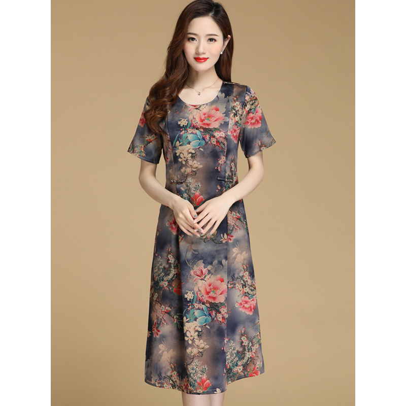 恒源祥女士连衣裙2020夏季新款短袖圆领含桑蚕丝印花连衣裙