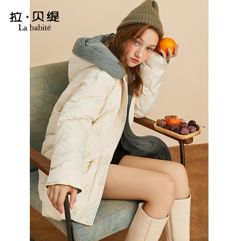 【专柜同款】拉贝缇白色羽绒服女士中长款2019冬季新款假两件矮个子面包服外套60009214
