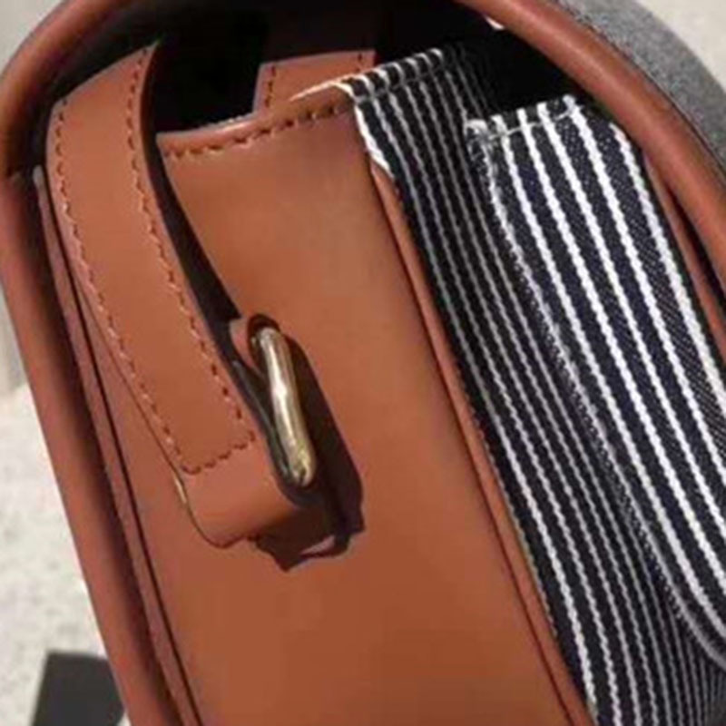 【预定】CELINE Folco 中号山核桃条纹织物面料和小牛皮手袋单肩斜挎包 涂层帆布/牛皮革