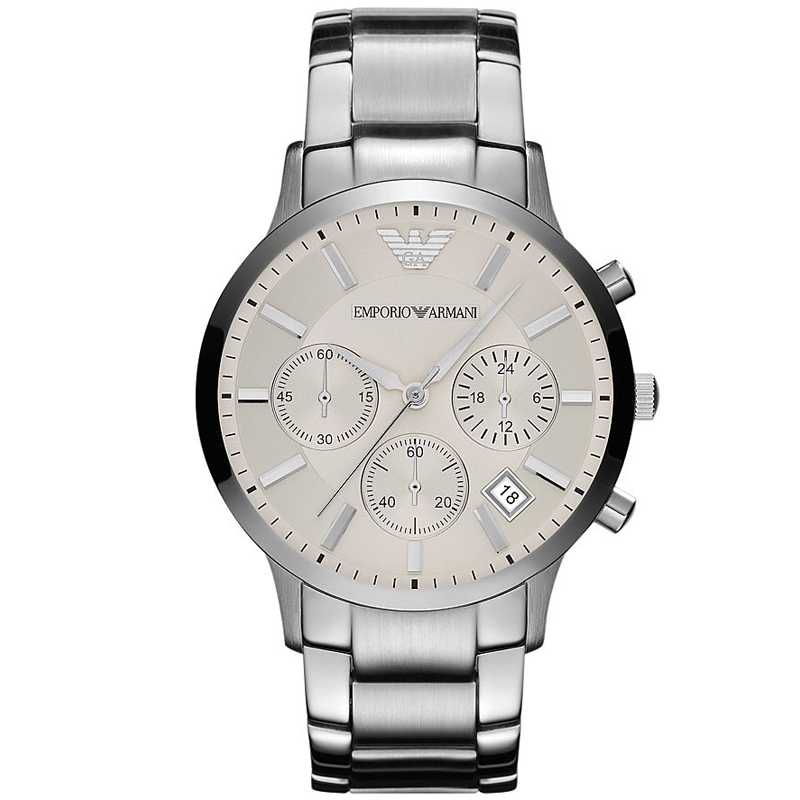阿玛尼手表三眼六针圆盘钢带石英男士腕表ar2459银色