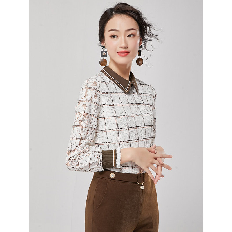 欧昵雪气质撞色Polo领印花格子蕾丝衫女套头长袖小衫