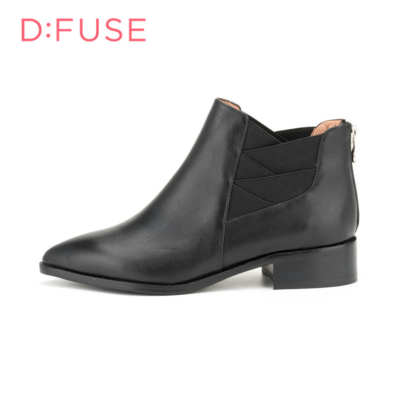 迪芙斯D:FUSE牛皮尖头中跟套脚纯色短靴女鞋DF64117203