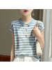 夏季新款曲珠条纹短袖T恤衫女气质POLO领针织衫上衣百搭宽松