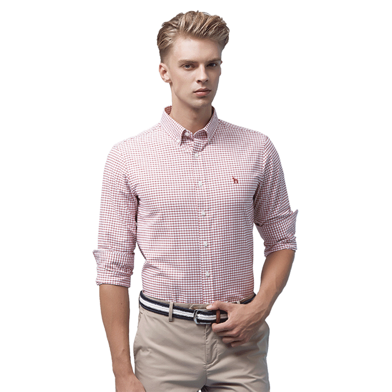 哈吉斯hazzys春秋新款衬衫男时尚简约格子长袖衬衫