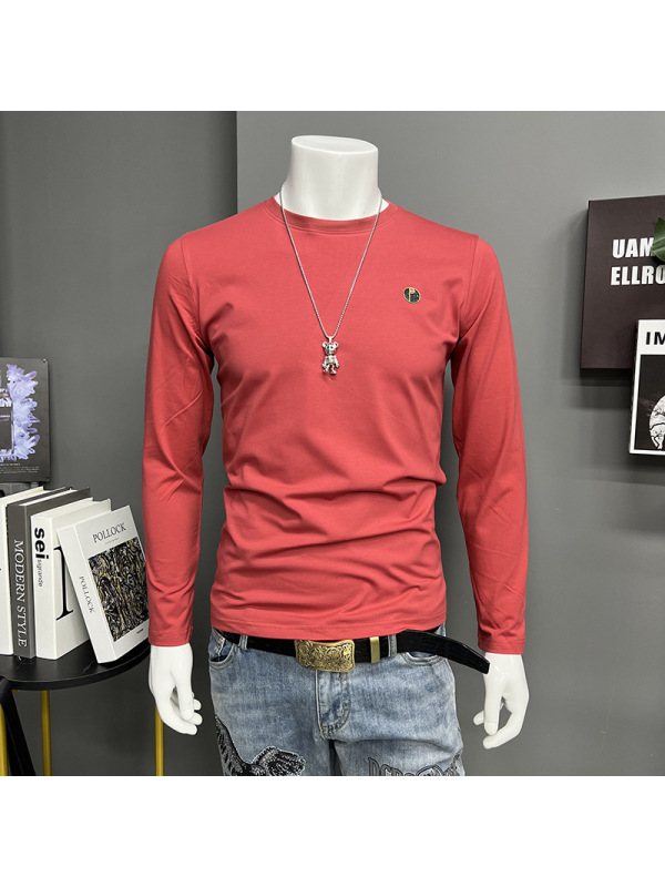 春秋新款男士长袖T恤打底衫小标简约圆领内搭上衣欧货男装时尚潮i