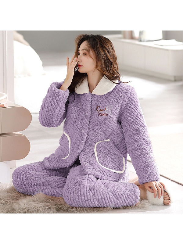 女士三层加厚珊瑚绒夹棉睡衣秋冬季法兰牛奶绒保暖棉袄家居服套装