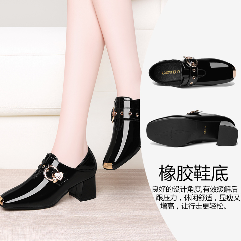 jindun英伦风小皮鞋女粗跟皮带扣漆皮高跟鞋深口单鞋秋季新款女鞋子