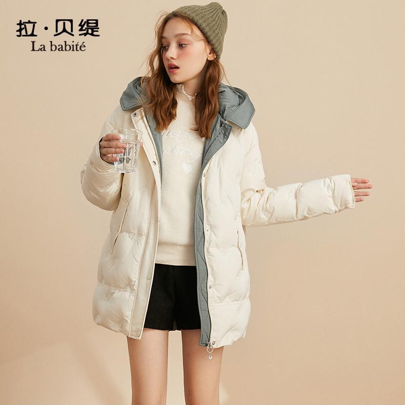 【专柜同款】拉贝缇白色羽绒服女士中长款2019冬季新款假两件矮个子面包服外套60009214