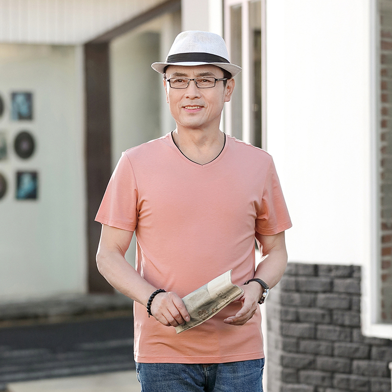 駱丹尼斯纯棉爸爸夏装中年男士短袖t恤男40-50岁夏天圆领中老年人大码上衣