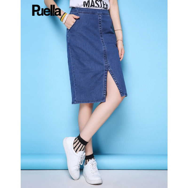 拉夏贝尔Puella普埃拉2018夏装新款休闲修身中腰开叉牛仔半身裙女 20007721 M 牛仔蓝 甜美淑女 简约优雅