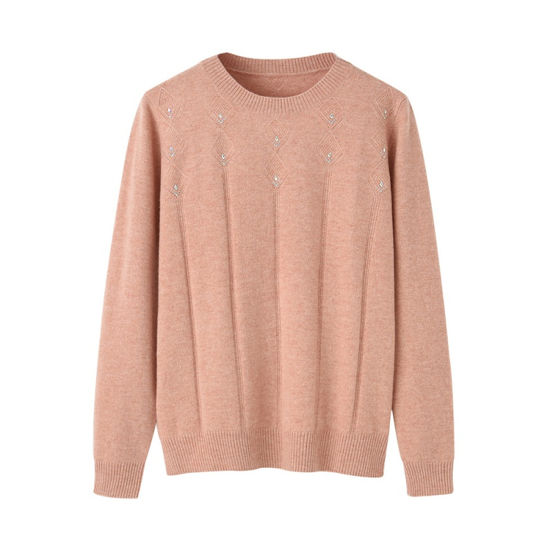 恒源祥纯色圆领羊毛衫女镶钻2020春秋手工钉珠毛衣中年妈妈针织衫