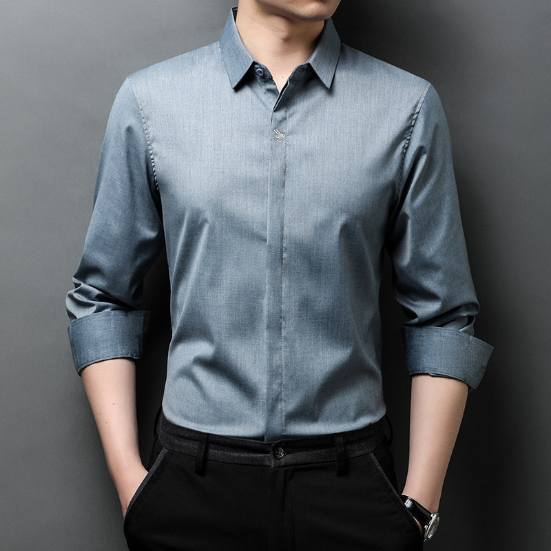 翻领开衫中青年韩版竹纤维休闲修身纯色长袖男式衬衫刺绣视频