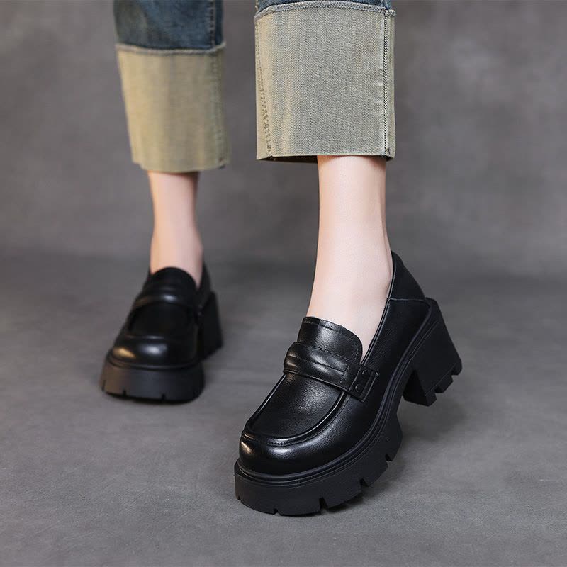 真皮英伦风小皮鞋女粗跟百搭单鞋秋季新款圆头厚底深口乐福鞋图片