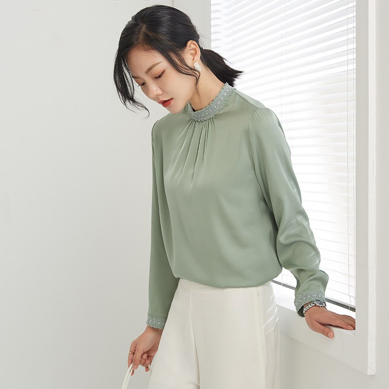 金菊2020春季新款衬衫女简约气质长袖纯色真丝上衣套头打底衫女