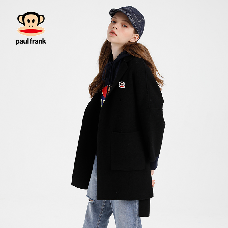 Paul Frank/大嘴猴秋冬毛呢外套女纯色韩版宽松时尚外衣 黑色 M