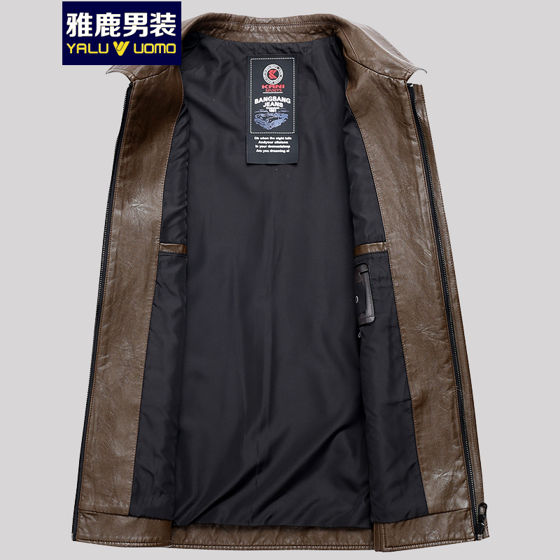 雅鹿男装皮衣男薄款2018秋季新品中年翻领商务休闲爸爸皮夹克外套