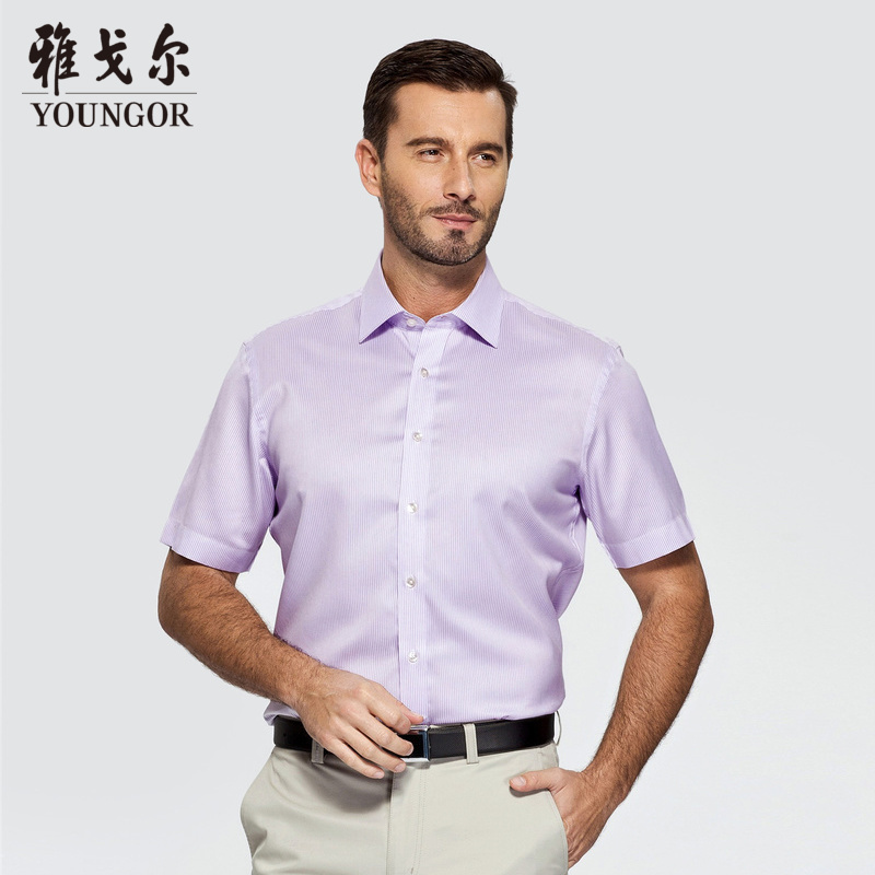 Youngor/雅戈尔男士商务正装夏季紫色条纹短袖衬衫100108