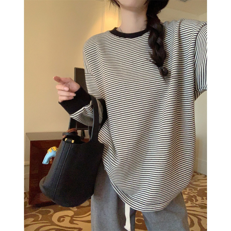 套头条纹长袖T恤女秋季新款宽松百搭圆领休闲学生卫衣上衣潮