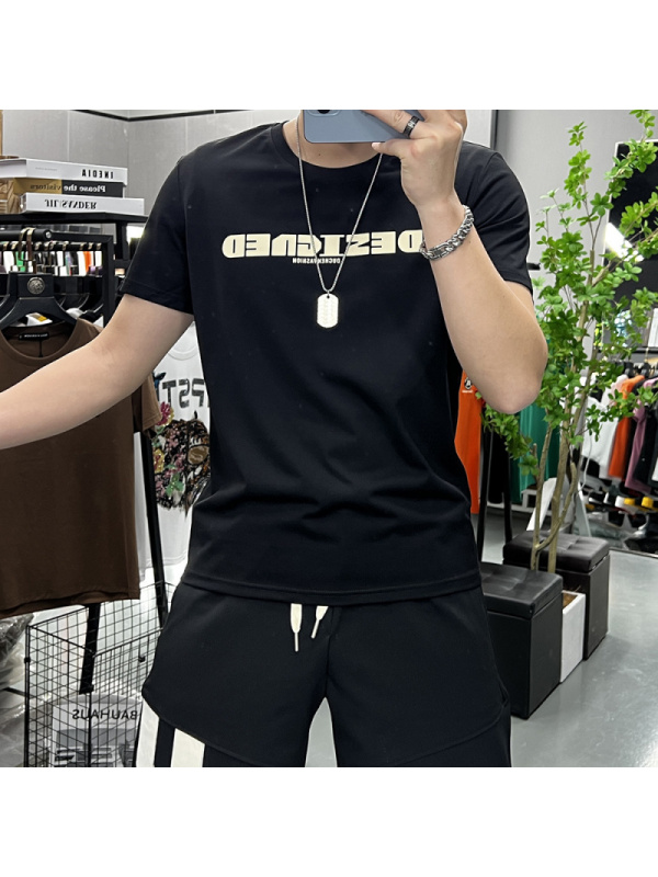 夏季欧洲站新款圆领半袖字母印花时尚短袖T恤男士上衣修身丝光棉