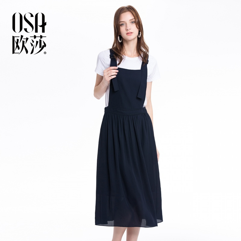 OSA欧莎雪纺吊带港味复古极简主义连衣裙女夏2018气质背带裙