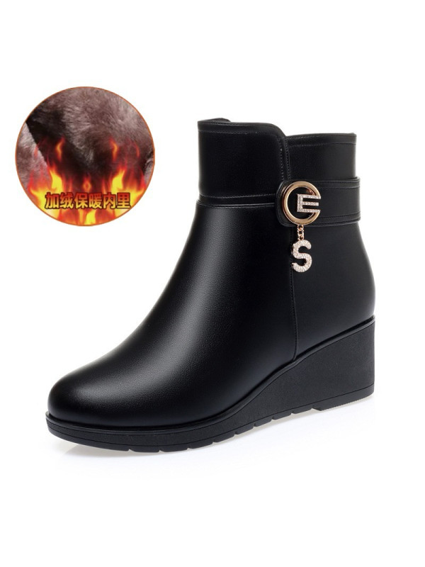 秋冬女鞋新款坡跟秋季妈妈鞋皮鞋冬季加绒保暖中年棉鞋鞋子