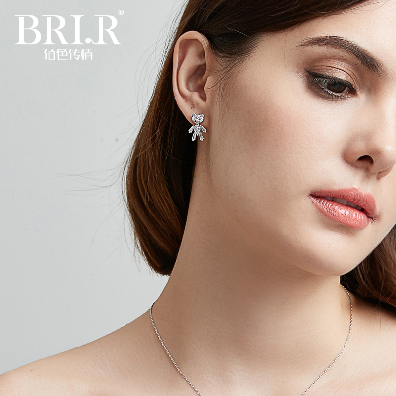 佰色传情(BRIR) 韩版创意款小熊耳钉s925银镶闪耀锆石女个性耳饰 BYE655