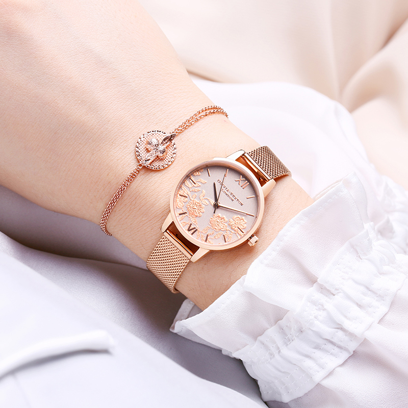 oliviaburton腕表女士石英表圆形时尚清新少女感ob16mv100浪漫粉金