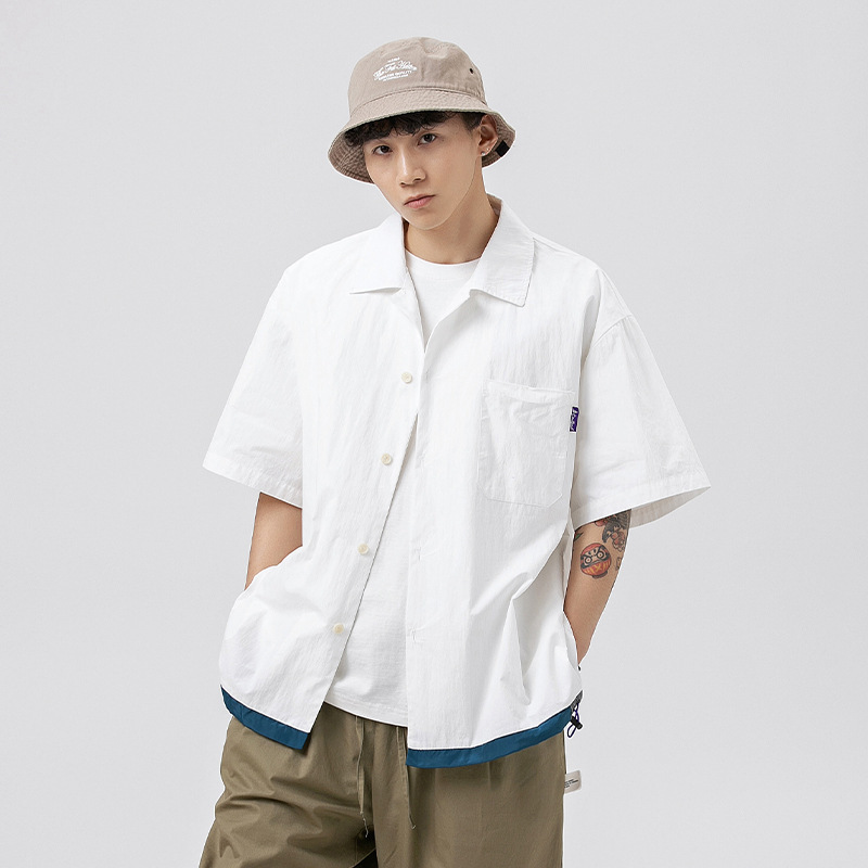 jusenshayu下摆撞色拼接设计短袖衬衫男夏款日系宽松薄款抽绳领