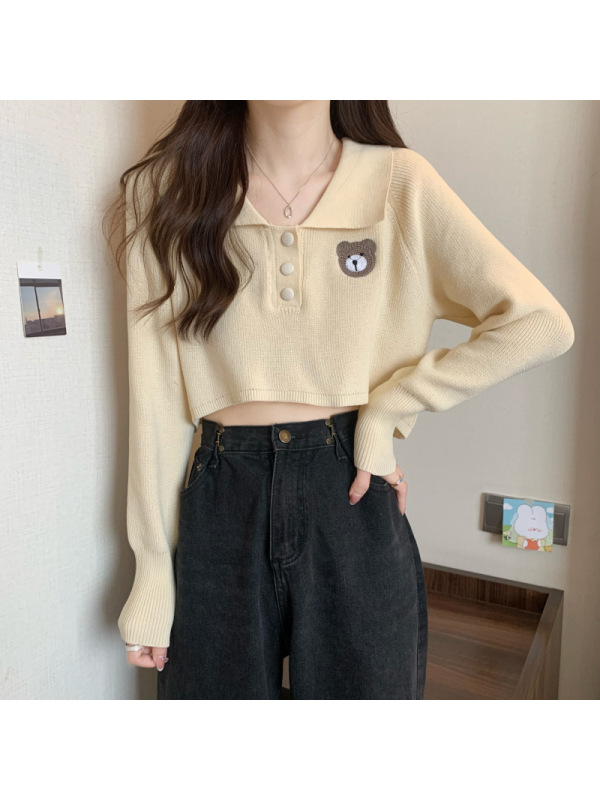 刺绣小熊polo领长袖针织衫女秋季设计感小众毛衣宽松显瘦短款上衣