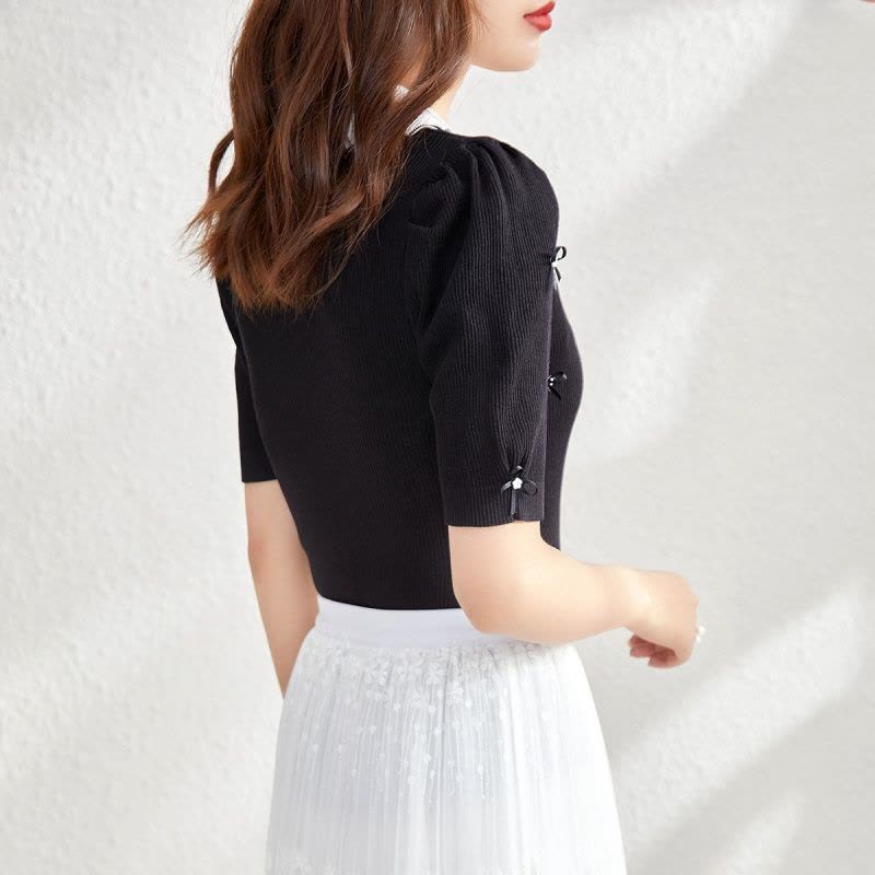 OUNIXUE欧昵雪 | [简约修身针织衫]夏季珍珠波浪型翻领T恤套头上衣短袖女图片