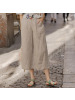 茵曼裤子夏装新款亚麻中腰卡其色暗条纹阔腿裤七分裤休闲裤女