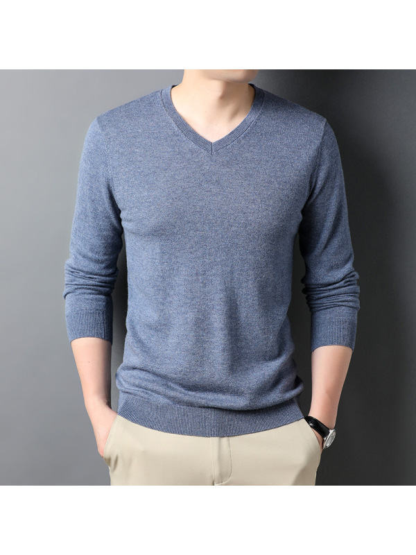 男装秋冬季310g男士羊毛衫鸡心V领套头纯色打底毛衣男