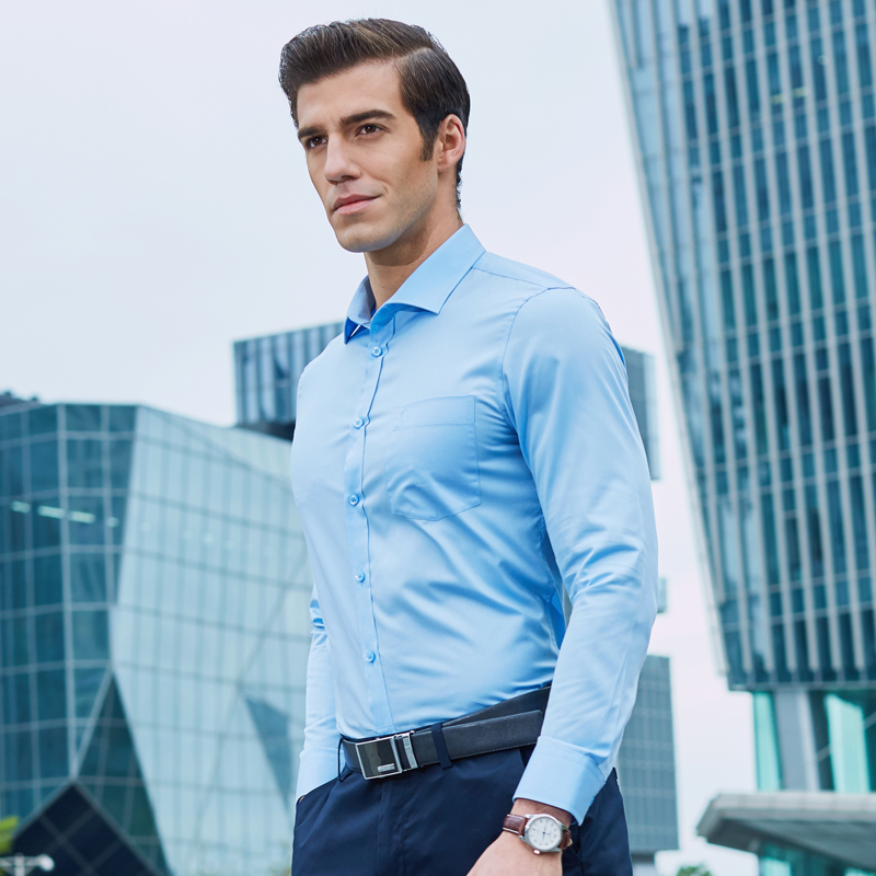 才子男装(tries)长袖衬衫 男士职业纯色简约百搭商务长袖正装衬衫1175