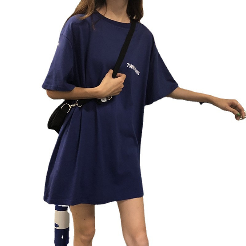 前后印花夏装韩版女式新款中长款短袖t恤女宽松学生情侣衣服