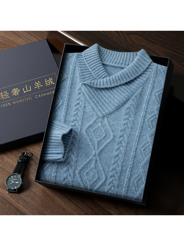 秋冬新款男士时尚青果领羊绒衫菱形打底衫韩版宽松型提花毛衣