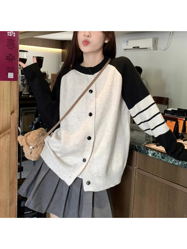 学院风长袖针织毛衣外套开衫春秋新款女装慵懒风宽松百搭撞色上衣