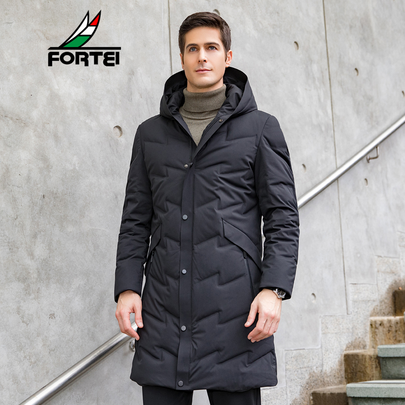 FORTEI富铤 羽绒服男士中长款2018冬装新款中青年潮流休闲连帽加厚外套
