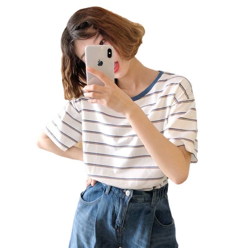 蓝领插色条纹短袖T恤女夏季宽松打底衫学生休闲上衣女装图片