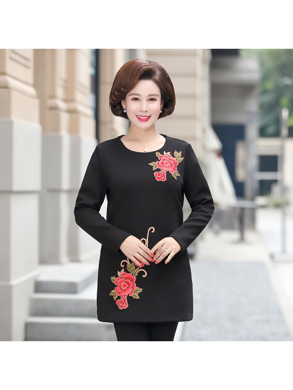 媛宿(YuanSu)妈妈冬装绣花毛衣中长款加厚加绒中老年女打底衫40-50岁大码上衣6579
