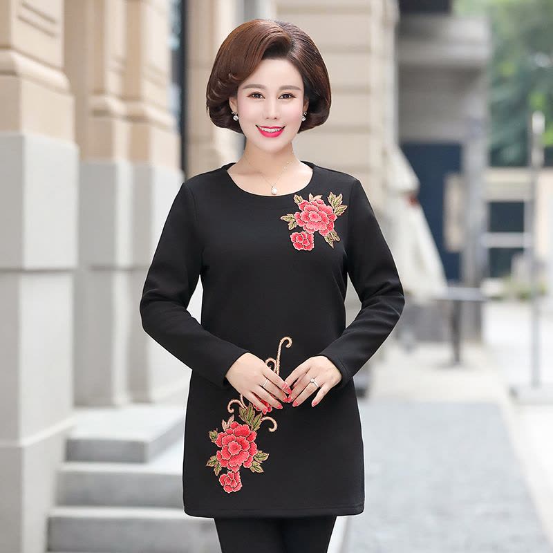媛宿(YuanSu)妈妈冬装绣花毛衣中长款加厚加绒中老年女打底衫40-50岁大码上衣6579图片