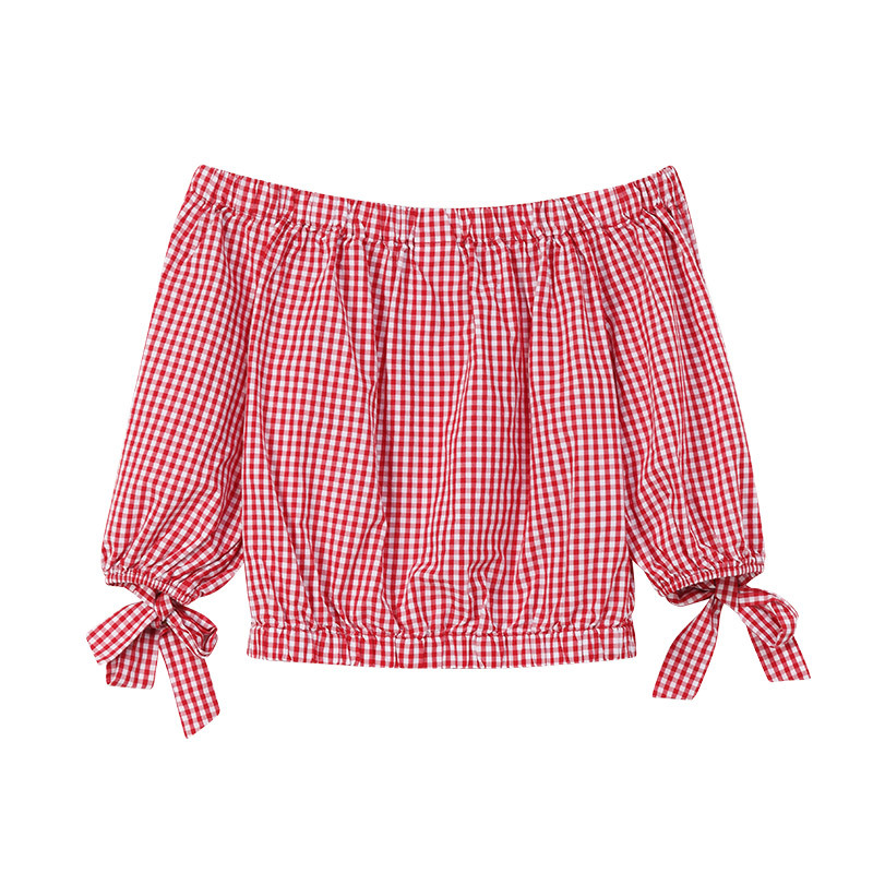 A21以纯线上品牌2018夏装新品格子衬衫女休闲甜美一字领宽松上衣女4822175005