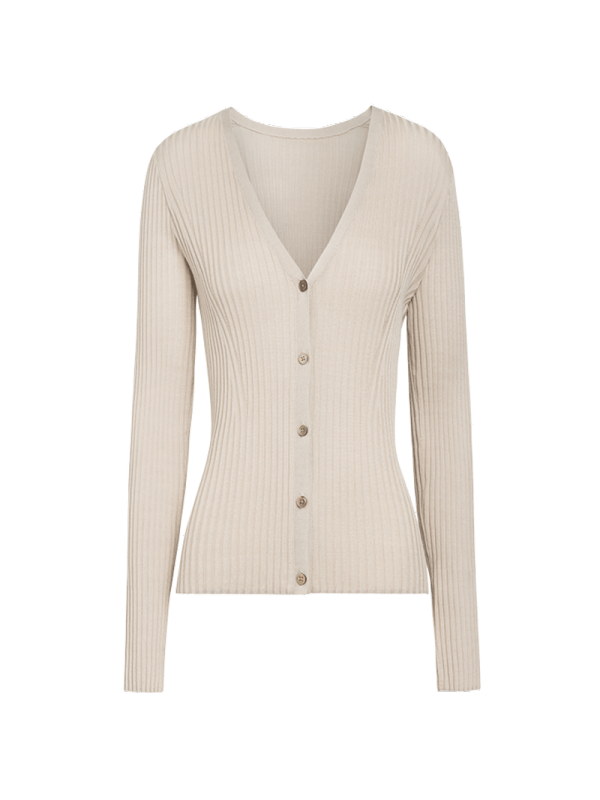 鄂尔多斯ERDOS【100%桑蚕丝】春夏V领抽条柔软舒适百搭开衫女士针织衫/ 毛衣