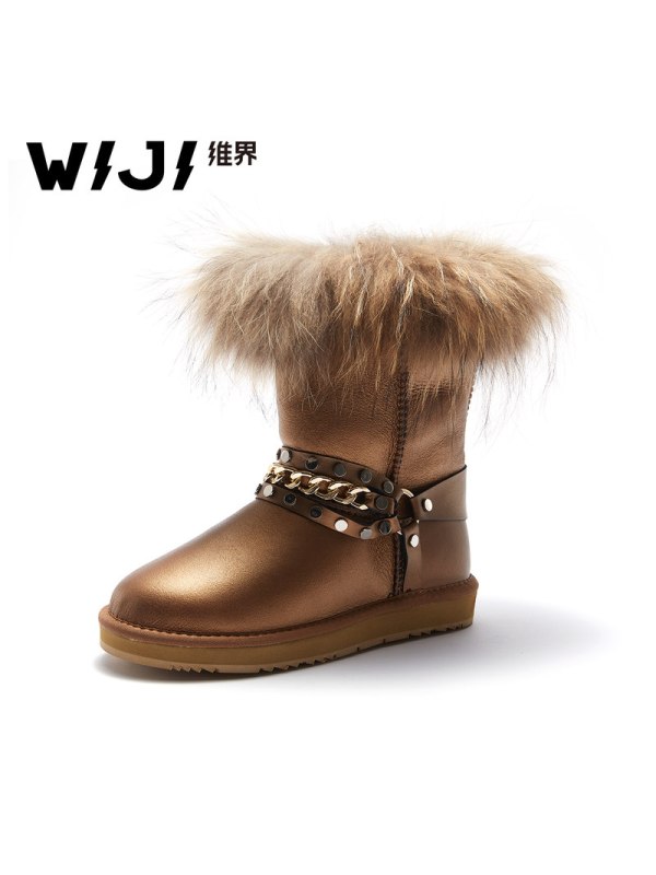 WIJI冬季新款时尚雪地靴个性纯色加绒保暖皮毛一体舒适中高筒女鞋