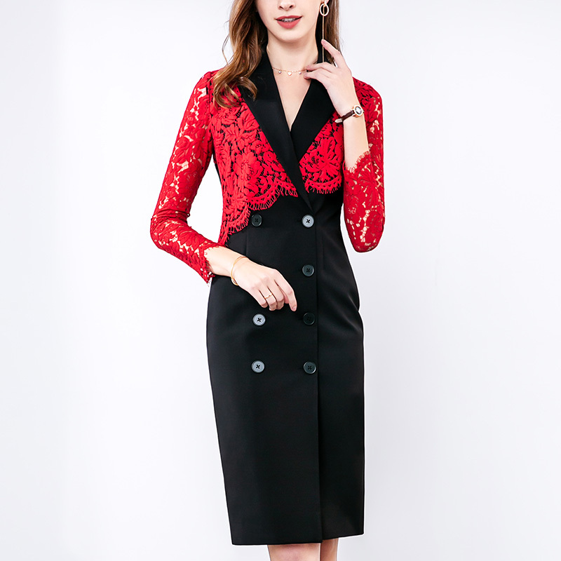 晚白女裙装2019春季新品西装翻领双排扣中长包臀裙长袖蕾丝连衣裙
