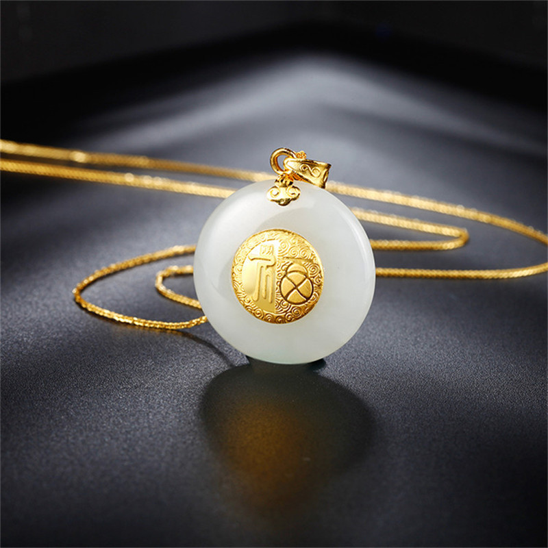 欧慕珠宝18k金肖邦链女士锁骨链上等和田玉镶嵌足金平安扣吊坠项链