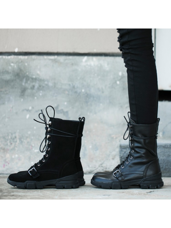 格瑞迪欧 马丁靴女英伦复古系带牛皮平底侧拉链机车中筒靴米色2018秋冬新款H11-1