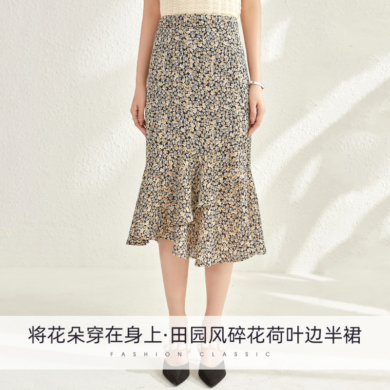 OUNIXUE欧昵雪 | [浪漫修身碎花裙]夏季田园风荷叶边休闲中长款女士半身裙