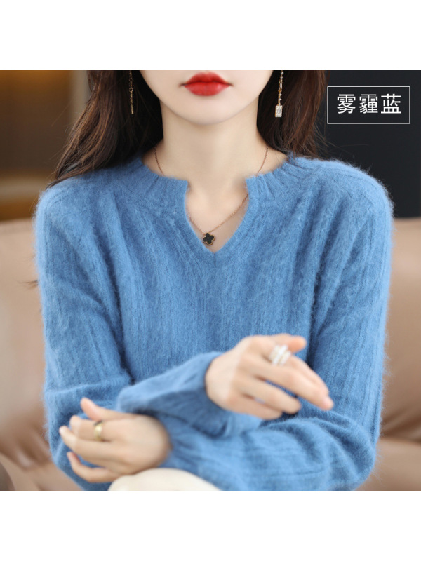 秋冬新款貂绒毛衣女v领宽松短款纯色灯笼袖羊毛打底衫针织衫