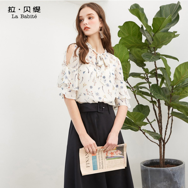 拉夏贝尔拉贝缇夏装新款韩版仙女气质淑女小衫一字领雪纺衫上衣