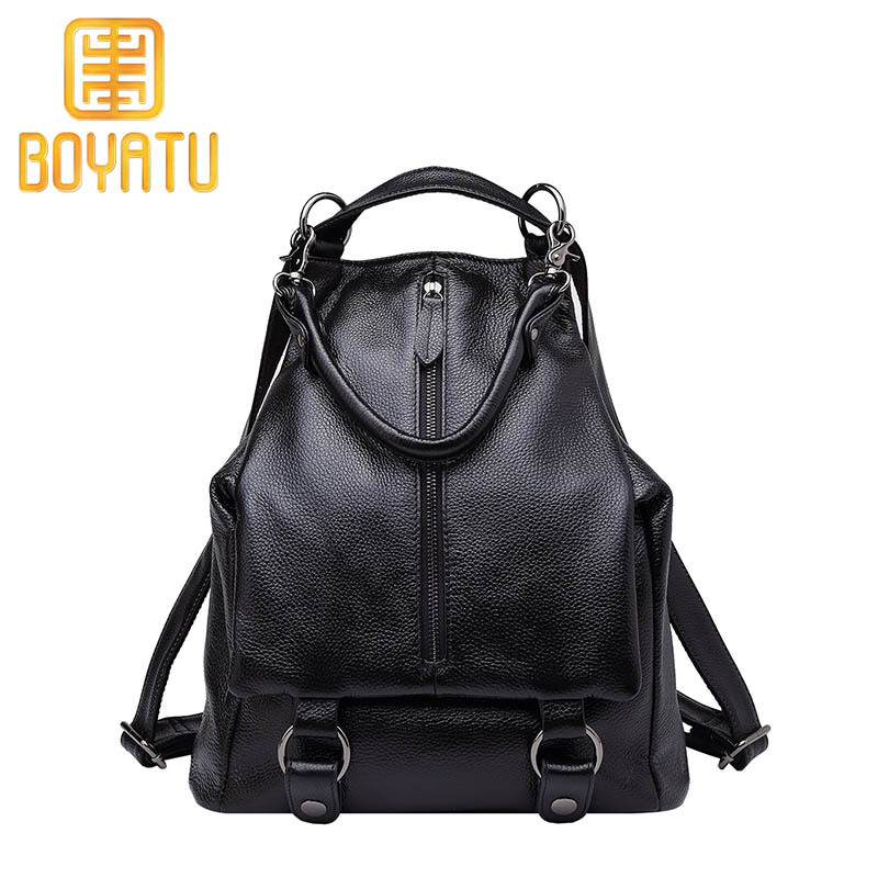 柏雅图（boyatu）头层牛皮女士双肩包女欧美时尚大容量多功能真皮背包女